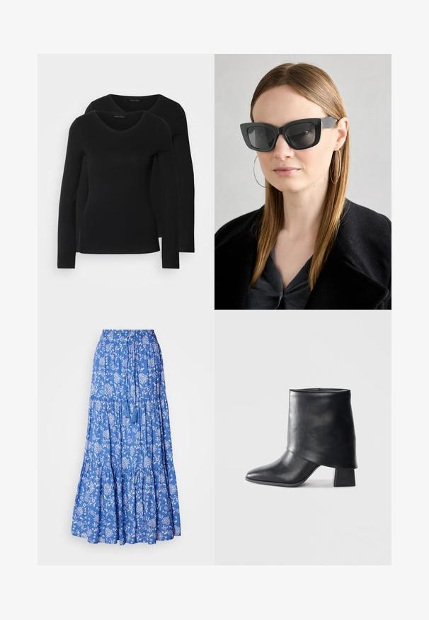 Två svarta långärmade tröjor med V-ringning, tillverkade av mjukt, stretchy tyg, som visar en slät textur och en figursydd form.; Blå blommig maxikjol med vita mönster, rynkade lager och dragsko i midjan med kvastarna i nederkant. Tillverkad av bomull.; Svart läder ankelboot med spetsig tå, slät textur och en strukturerad blockklack. Har en hög, vikbar krage.; Svarta katterformade solglasögon med mörka linser, tjocka bågar och subtila detaljer. Bärs tillsammans med en svart kappa och en grå topp, med långt rakt hår.