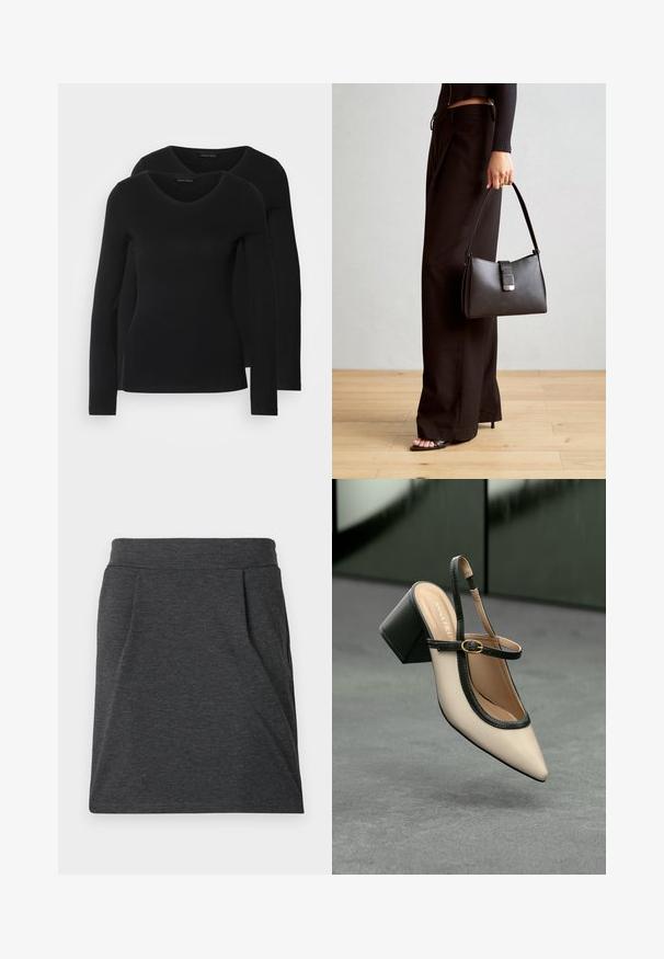 Twee zwarte longsleeve shirts met een V-hals ontwerp, gemaakt van zachte, rekbare stof, die een gladde textuur en een getailleerde vorm laten zien.; Donkergrijze stoffen rok met een aansluitende tailleband, voorzien van plooien voor extra textuur. Rechte snit, minimale stikseldetails en geen patronen.; Beige puntige slingback schoen met zwarte rand, gouden gesp en een chunky blokhak op een grijze vloer met een donker groene achtergrond.; Zwarte handtas met gestructureerde vorm, gladde textuur en een metalen sluiting. Gecombineerd met brede zwarte broeken en sandalen met open teen op een houten vloer.