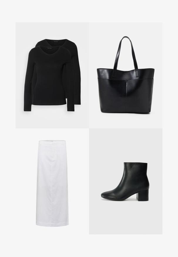 Du į juodas ilgomis rankovėmis marškiniai su V formos iškirpte, pagaminti iš minkštos, tamprios medžiagos, rodantys lygią tekstūrą ir prigludusią formą.; Balta lininė midi sijonas su tiesiu kirpimu, pasižymintis lygiu paviršiumi, minimaliais siūlais ir juosmens juosta, užtikrinančia pritaikytą prigludimą.; Juodos odinės aulinės botai su smailiu priekiniu pirštu ir storu kulnu. Lygus tekstūra su minimaliomis detalėmis ir elegantišku, tvirtai priglundančiu dizainu.; Juoda odinė rankinė su dviem ilgais diržais, lygiu paviršiumi ir struktūrizuota forma. Yra priekinė kišenė papildomam saugojimui.