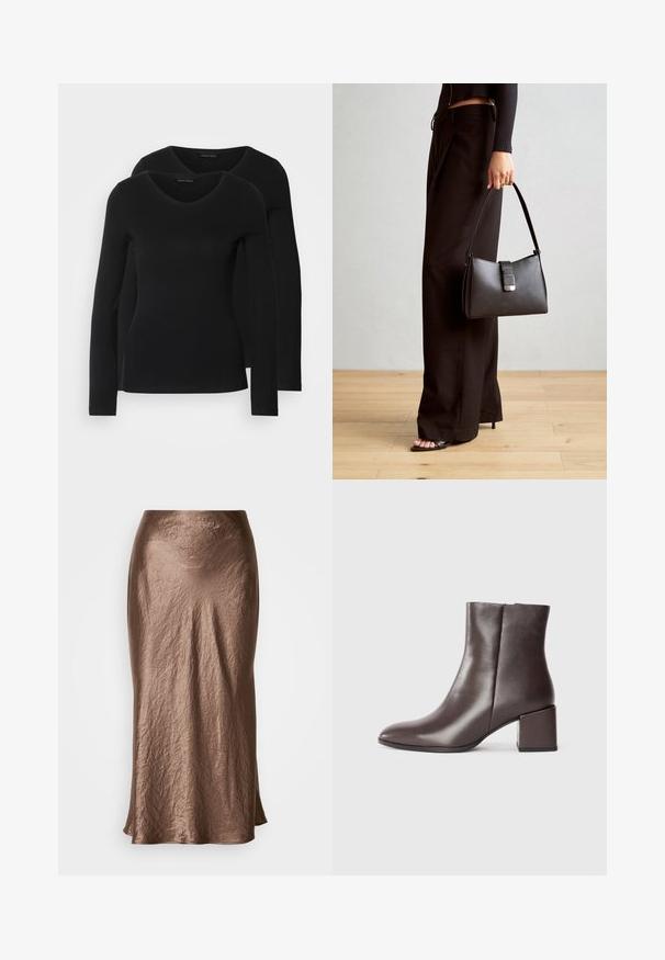 Duas camisetas pretas de manga longa com design em V, feitas de um tecido macio e elástico, apresentando uma textura suave e um formato ajustado.; Saia de cor bronze, de comprimento médio, feita de tecido amassado; textura suave com um leve brilho; ligeiro alargamento na barra.; Bota de tornozelo em pele castanha com um design elegante, biqueira em ponta e salto quadrado. Textura suave e silhueta minimalista.; Bolsa preta com forma estruturada, textura suave e um fecho metálico. Combinada com calças largas pretas e sandálias de salto aberto sobre um chão de madeira.