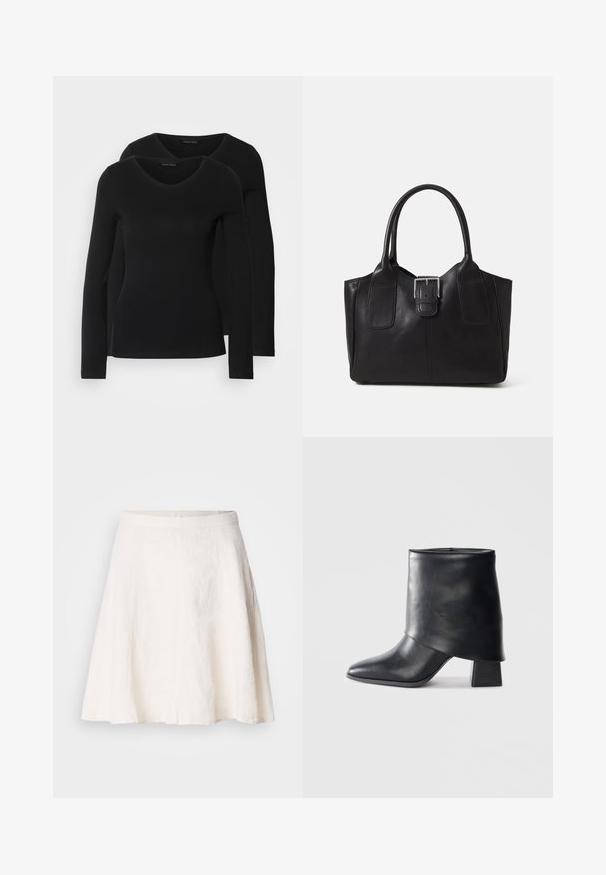 Dos camisetas negras de manga larga con diseño de escote en V, confeccionadas en una tela suave y elástica, que muestran una textura lisa y una forma ajustada.; Falda blanca de lino con un diseño A-line fluido. Cuenta con una cintura lisa y una textura ligera con sutiles arrugas.; Bota de cuero negro hasta el tobillo con punta afilada, textura suave y un tacón bloque estructurado. Presenta un diseño de puño alto y doblado.; Bolso tote de cuero negro con textura suave, forma estructurada, dos asas y un prominente detalle de hebilla plateada en la parte frontal.