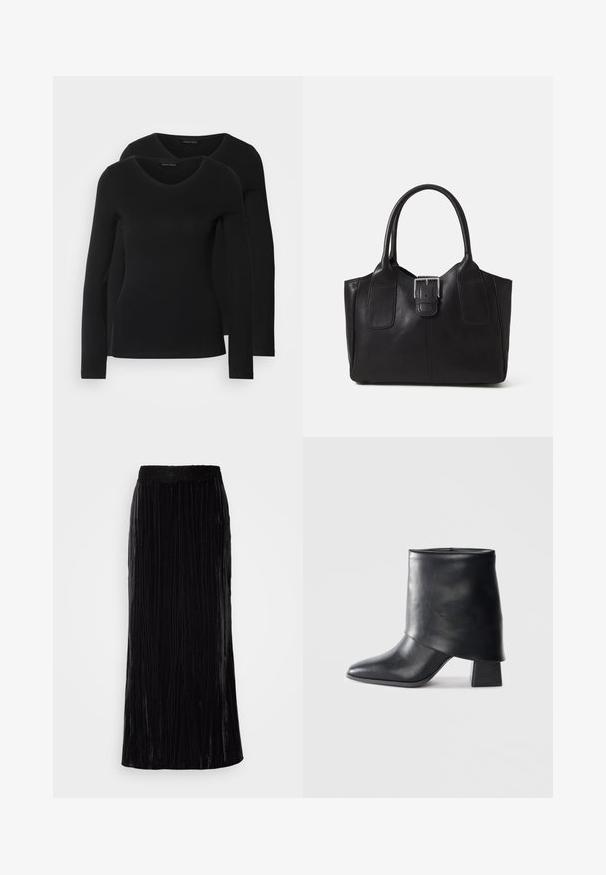 Dvě černé dlouhé rukávy trička s výstřihem do V, vyrobené z měkkého, elastického materiálu, s hladkou texturou a přiléhavým střihem.; Černá sametová maxi sukně s vertikálními skladbami a vlňkovým krajkovým páskem. Tkanina má měkký, texturovaný vzhled.; Černá kožená kotníková bota s špičatou špičkou, hladkým povrchem a pevně strukturovaným blokovým podpatkem. Disponuje vysokým, skládacím manžetovým designem.; Černá kožená tote taška s hladkým povrchem, strukturovaným tvarem, dvěma uchy a výrazným stříbrným detailem s přezkou na přední straně.