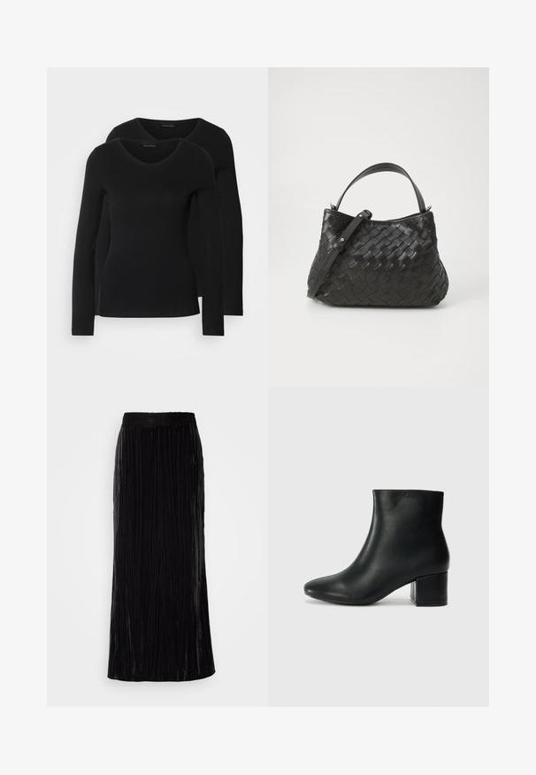 Două cămăși negre cu mâneci lungi și decolteu în V, fabricate dintr-un material moale și elastic, cu o textură netedă și o formă ajustată.; Fustă maxi din catifea neagră, cu pliere verticale și un brâu din dantelă cu margini ondulate. Materialul are un aspect moale și texturat.; Cizme negre din piele până la gleznă, cu vârf ascuțit și toc robust. Textură netedă, cu accente minime și un design elegant, ajustat.; Geantă din piele împletită neagră, cu o formă rotunjită, având un mâner superior și o curea detașabilă. Textură netedă și detalii subtile de cusătură.