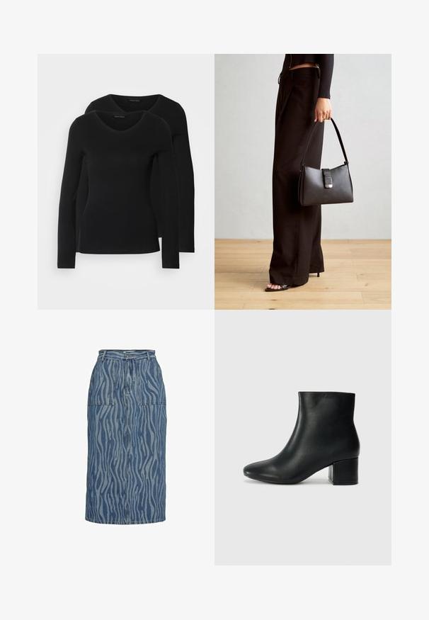 Dve črne majice z dolgimi rokavi in V-izrezom, narejene iz mehkega in raztegljivega materiala, ki prikazuje gladko teksturo in prilegnjeno obliko.; Denim svinčnik krilo z zigzag vzorcem v različnih odtenkih modre, z visokim pasom, dvema sprednjima žepoma in ravnim krojem.; Črne usnjene gležnjarje s koničastim nosom in debelim peto. Gladka tekstura z minimalnimi detajli in eleganten, prilegajoč dizajn.; Črna torbica z strukturirano obliko, gladko teksturo in kovinskim zaponko. Ujemajo se z širokimi črnimi hlačami in odprtimi sandali na lesenem tleh.
