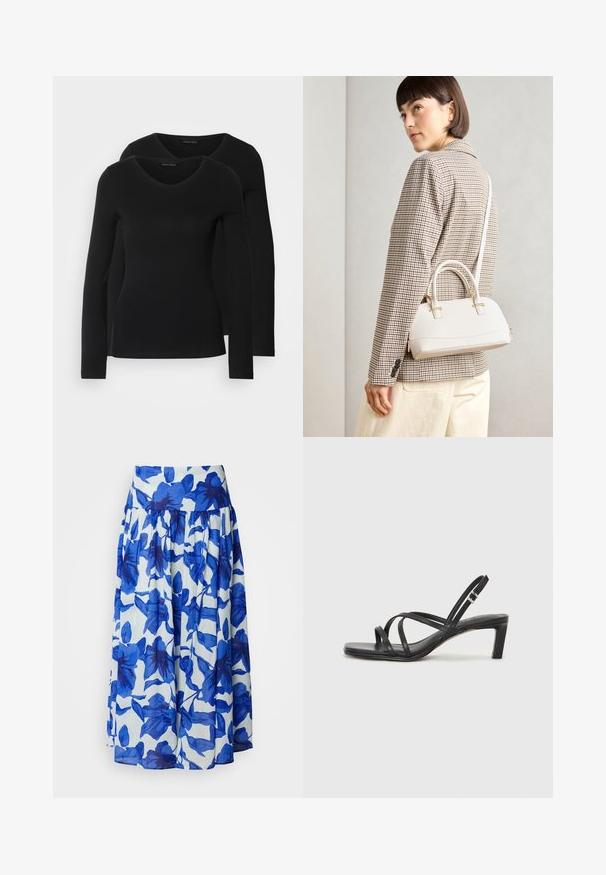 Two black long-sleeve shirts with a V-neck design, made of soft, stretchy fabric, showing smooth texture and a fitted shape.; Flared skirt in lightweight fabric with blue floral pattern on a white background, featuring a high waistband and gathered detail.; Black strappy sandal with a square toe and a low block heel. Features multiple thin straps and an adjustable ankle strap. Made of smooth leather.; White structured handbag with short handles and a shoulder strap, featuring gold hardware accents and textured material, displayed against a grey background.