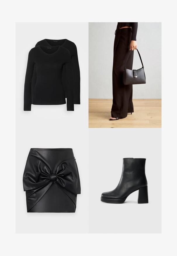 Divi melni krekli ar garām piedurknēm un V-veida kakla izgriezumu, izgatavoti no mīksta, elastīga auduma, ar gludu tekstūru un pieguļošu formas.; Melna mākslīgā āda miniskrēkle ar lielu priekšējo loku dizainu, gludu tekstūru un strukturētu siluetu ar krokām.; Melna ādas potīšu zābaku ar bloku papēdi un platformas zoli, skatīts no sāna uz vienkārša balta fona.; Melnā somiņa ar strukturētu formu, gludu tekstūru un metālu sprādzi. Saskaņota ar platām melnām biksēm un sandālēm ar atvērtu purngalu uz koka grīdas.