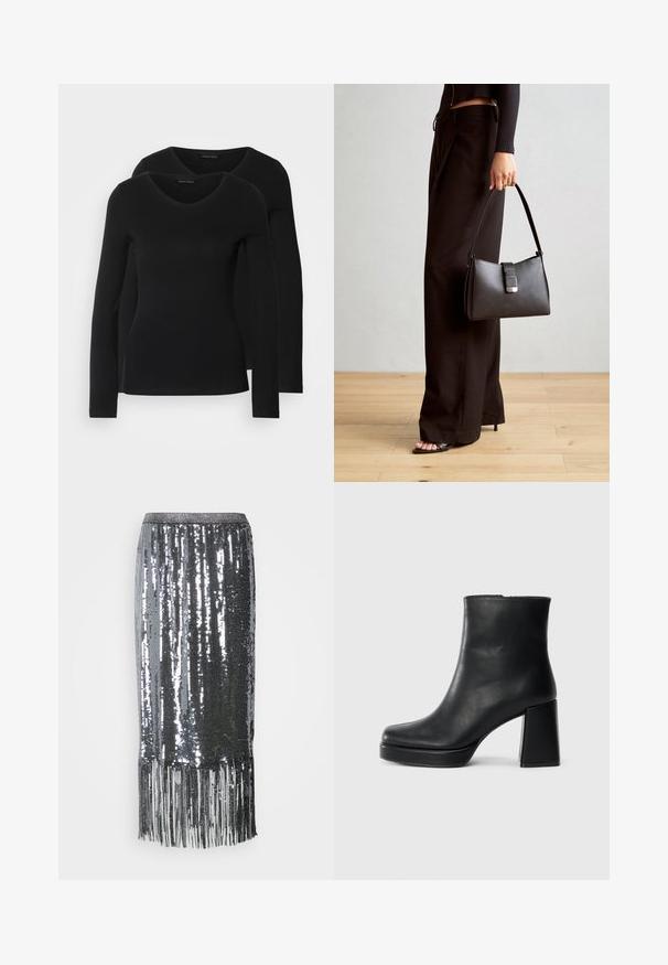 Două cămăși negre cu mâneci lungi și decolteu în V, fabricate dintr-un material moale și elastic, cu o textură netedă și o formă ajustată.; Fustă argintie cu paiete, de lungime până la genunchi, cu ciucuri la margine, având un talie ajustată și o textură netedă și strălucitoare.; Botină din piele neagră, cu toc pătrat și talpă platformă, văzută din lateral pe un fundal alb simplu.; Genți negre cu o formă structurată, textură netedă și un închizător metalic. Asortată cu pantaloni negri largi și sandale cu vârf deschis pe un podea din lemn.