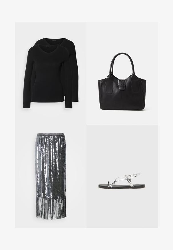 Du į juodas ilgomis rankovėmis marškiniai su V formos iškirpte, pagaminti iš minkštos, tamprios medžiagos, rodantys lygią tekstūrą ir prigludusią formą.; Sidabrinė blizgi kulkšnine sijonas su frizūrom apačioje, turintis prigludusią liemens juostą ir elegantišką, blizgantį tekstūrą.; Sidabriniai metaliniai sandalai su minimalistiniu dizainu, turintys plonas dirželius ir juodą plokščią padą. Išskirtinai pabrėžiami kryžminiai dirželių akcentai.; Juodas odinis nešiojamas krepšys su lygiu paviršiumi, struktūrine forma, dviem rankenėlėmis ir ryškiu sidabriniu sagties akcentu priekyje.