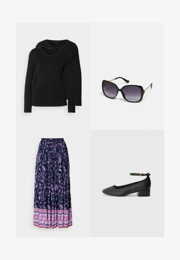 Zwei schwarze Langarmshirts mit V-Ausschnitt, aus weichem, dehnbarem Stoff, der eine glatte Textur und eine figurbetonte Passform zeigt.; Maxi-Rock in Marineblau mit aufwendigem lila Paisleymuster; elastischer Bund und geschichteter Saum mit kontrastierendem Blumenstoff am unteren Ende.; Schwarze Lederpumps mit spitzem Zehenbereich und niedrigem Blockabsatz. Mit einem Knöchelriemen und einer goldfarbenen Schnalle. Glatte Textur.; Schwarze übergroße Sonnenbrille mit getönten Gläsern, dicken Rahmen und goldfarbener Kettendetaillierung an den Bügeln.; Schwarze Handtasche mit strukturierter Form, glatter Textur und einem metallischen Verschluss. Kombiniert mit weiten schwarzen Hosen und offenen Sandalen auf einem Holzboden.