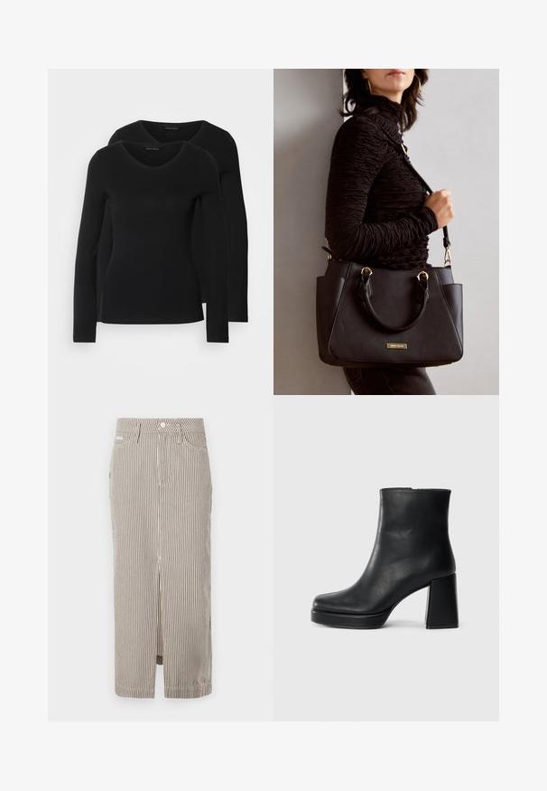 Zwei schwarze Langarmshirts mit V-Ausschnitt, aus weichem, dehnbarem Stoff, der eine glatte Textur und eine figurbetonte Passform zeigt.; Gestreifte Midiskirt in Hellbeige und Dunkelbraun, aus Baumwolle, mit einem Schlitz vorne und Gürtelschlaufen. Klassisches Design und taillierte Passform.; Schwarze Leder-Stiefelette mit Blockabsatz und Plattformsohle, seitlich auf einem schlichten weißen Hintergrund betrachtet.; Schwarze Handtasche mit strukturierten Oberflächen, doppelten Obergriffen und verstellbarem Schultergurt. Mit goldfarbener Hardware und Seitentaschen.