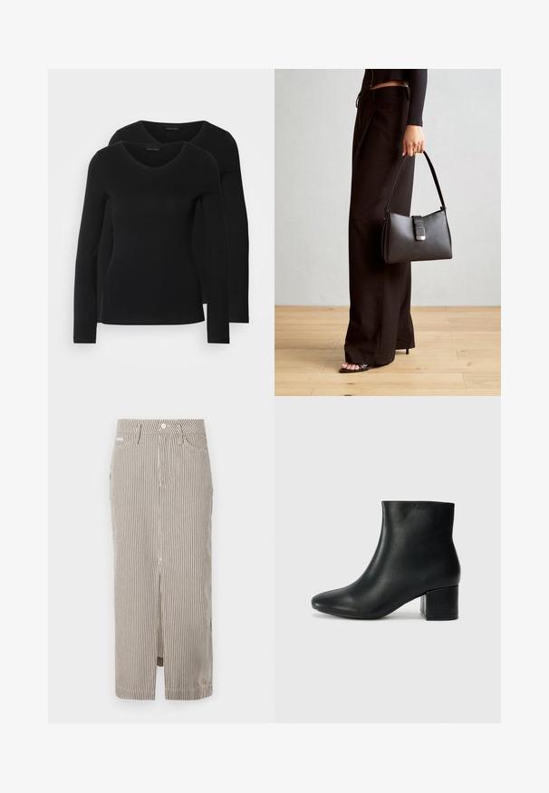 Deux chemises noires à manches longues avec un design en V, fabriquées en tissu doux et extensible, présentant une texture lisse et une silhouette ajustée.; Jupe midi rayée en beige clair et marron foncé, fabriquée en coton, avec une fente sur le devant et des passants de ceinture. Design classique et coupe ajustée.; Bottines en cuir noir avec un bout pointu et un talon épais. Texture lisse avec des accents minimalistes et un design élégant et ajusté.; Sac à main noir à la forme structurée, texture lisse et fermoir métallique. Associé à un pantalon noir ample et des sandales ouvertes sur un sol en bois.