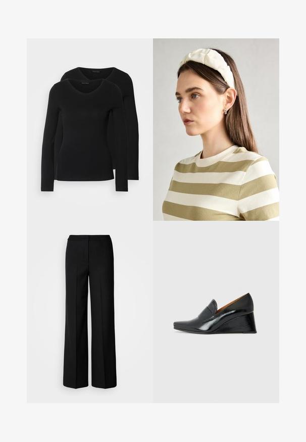 Twee zwarte longsleeve shirts met een V-hals ontwerp, gemaakt van zachte, rekbare stof, die een gladde textuur en een getailleerde vorm laten zien.; Zwarte wijde broek van een gladde stof, met een hoge taille, nauwkeurig gestikte naden en een minimalistisch ontwerp. Geen zichtbare hardware of zakken.; Chie Mihara VECINO - Sleehakken - black; Crème geklede hoofdband met gedraaide ontwerp, gecombineerd met een beige en witte gestreepte shirt met een ronde hals. Subtiele sieradenaccenten.