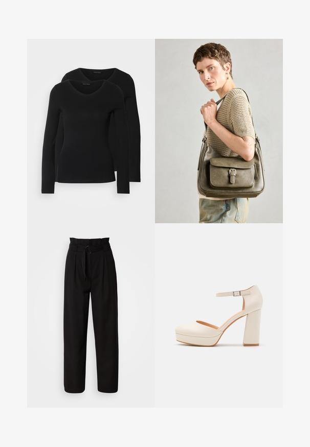 Két fekete, hosszú ujjú póló V nyakkal, puha, rugalmas anyagból, sima textúrával és testhezálló fazonnal.; Fekete, magas derekú nadrág széles szárakkal, elöl redőkkel és anyagából készült övvel, amelynek köralakú csatja van. Sima textúra és precíz szabás.; Tejbézs színű platform magassarkú, kerek orral és állítható bokapánttal. Erős blokk sarka van, amelynek enyhe fa hatása van.; Olíva zöld bőr kézitáska, elöl hajtókával, állítható pánttal és ezüst színű fémrészletekkel, egy kötött felsőt viselő modellen bemutatva.