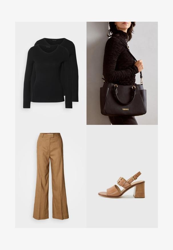 Two black long-sleeve shirts with a V-neck design, made of soft, stretchy fabric, showing smooth texture and a fitted shape.; Brown wide-leg pants made of lightweight fabric. Features a flat front, belt loops, and a tailored silhouette with an ankle-length cut.; Brown leather heeled sandals with a wide front strap, adjustable ankle strap featuring a gold buckle, and a textured block heel.; Black handbag with textured surface, dual top handles, and adjustable shoulder strap. Features gold-tone hardware and side pockets.