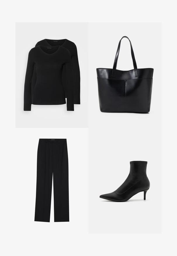 Dwie czarne koszule z długim rękawem o designie w kształcie litery V, wykonane z miękkiego, elastycznego materiału, o gładkiej teksturze i dopasowanym kroju.; Czarne spodnie o prostym kroju nogawek, z dwoma przednimi kieszeniami i paskiem w talii. Wykonane z gładkiego, lekkiego materiału.; Czarne botki za kostkę wykonane z gładkiej skóry, z klapką w kształcie spiczastym i krótkim, cienkim obcasem. Posiadają bezszwowy design i subtelne akcenty w postaci przeszyć.; Czarna skórzana torba na ramię z dwoma długimi uchwytami, gładką teksturą i sztywną formą. Posiada przednią kieszeń dla dodatkowego przechowywania.