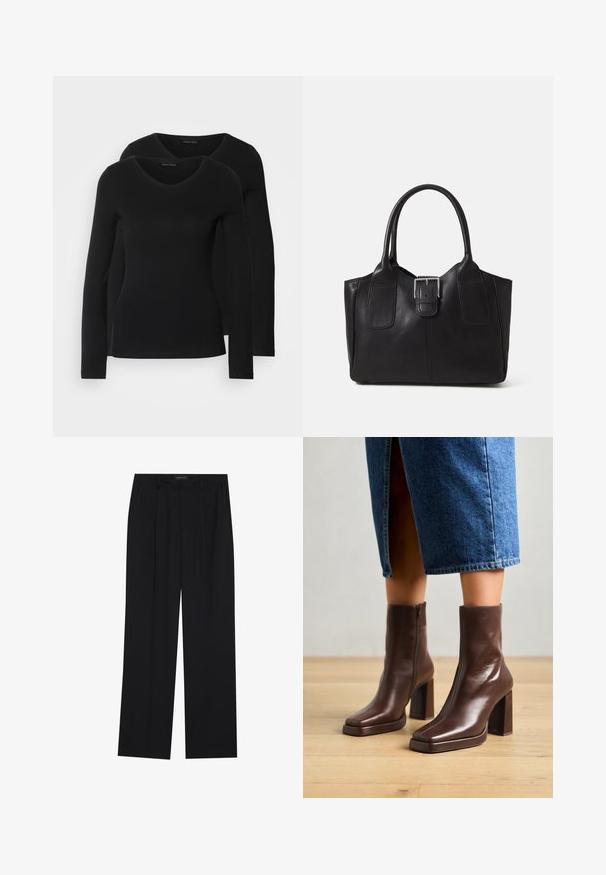 Divi melni krekli ar garām piedurknēm un V-veida kakla izgriezumu, izgatavoti no mīksta, elastīga auduma, ar gludu tekstūru un pieguļošu formas.; Melni bikses ar taisnu kāju dizainu, kurām ir divi priekšējie kabatas un jostasvieta. Izgatavotas no gludas, vieglas auduma.; Jeffrey Campbell MAXIMAL-L2 - Puszābaki ar platformu - dark cognac; Melnas ādas somiņa ar gludu tekstūru, strukturētu formu, divām rokturām un izteiktu sudraba sprādzi priekšpusē.
