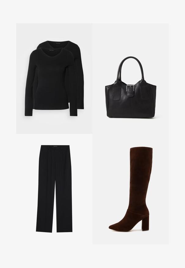 Deux chemises noires à manches longues avec un design en V, fabriquées en tissu doux et extensible, présentant une texture lisse et une silhouette ajustée.; Pantalons noirs à coupe droite, dotés de deux poches avant et d'une taille. Fabriqués dans un tissu lisse et léger.; Bottes hautes en daim marron jusqu'au genou avec un bout pointu et un large talon carré. Texture lisse avec une tige ajustée et sans fermetures visibles.; Sac fourre-tout en cuir noir avec une texture lisse, une forme structurée, deux poignées et un détail en boucle argentée proéminent à l'avant.
