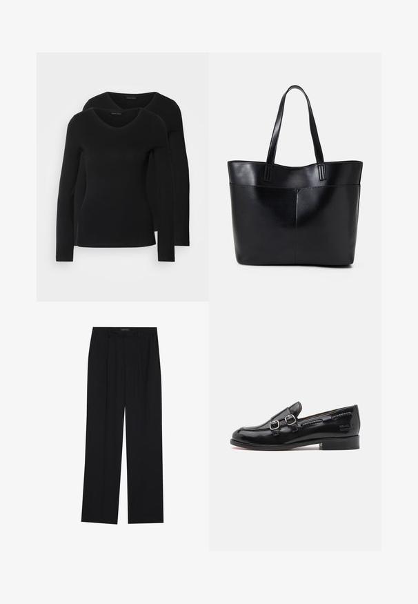 Kaks musta pika varrukaga särk, millel on V-kaelus ja mis on valmistatud pehmest ja venivast kangast, millel on sile tekstuur ja sobiv kuju.; Mustad püksid sirgjoonelise disainiga, millel on kaks esist taskut ja muudatus. Valmistatud siledast, kergekaalulisest kangast.; Musta patendiviimistlusega loafers, millel on kaks hõbedast klambrit, veidi ümar varvas ja madal puitpindadega konts. Ülaservas on tekstureeritud õmblusteenus.; Must mustaga musta nahast, millel on kaks pikka kanda, sile tekstuur ja struktureeritud kuju. Esipoolsel on lisakoti jaoks tasku.