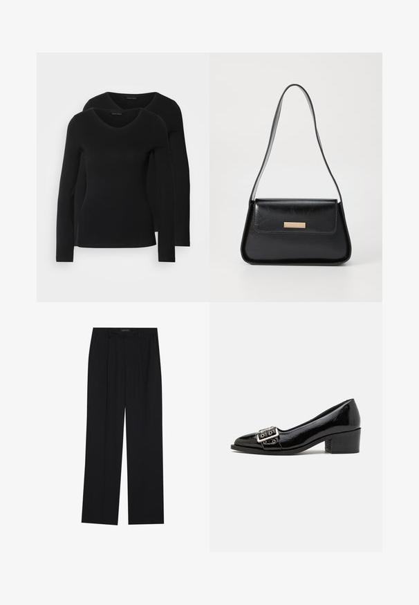 Zwei schwarze Langarmshirts mit V-Ausschnitt, aus weichem, dehnbarem Stoff, der eine glatte Textur und eine figurbetonte Passform zeigt.; Schwarze Hose mit geradem Bein, ausgestattet mit zwei frontalen Taschen und einem Taillenbund. Hergestellt aus einem glatten, leichten Stoff.; Pavement SASO - Pumps - black; Schwarze Lederhandtasche mit einer strukturierten dreieckigen Form, schmalem Trageriemen und goldfarbenen Beschlägen, die über ein Logo-Emblem auf der vorderen Klappe verfügt.
