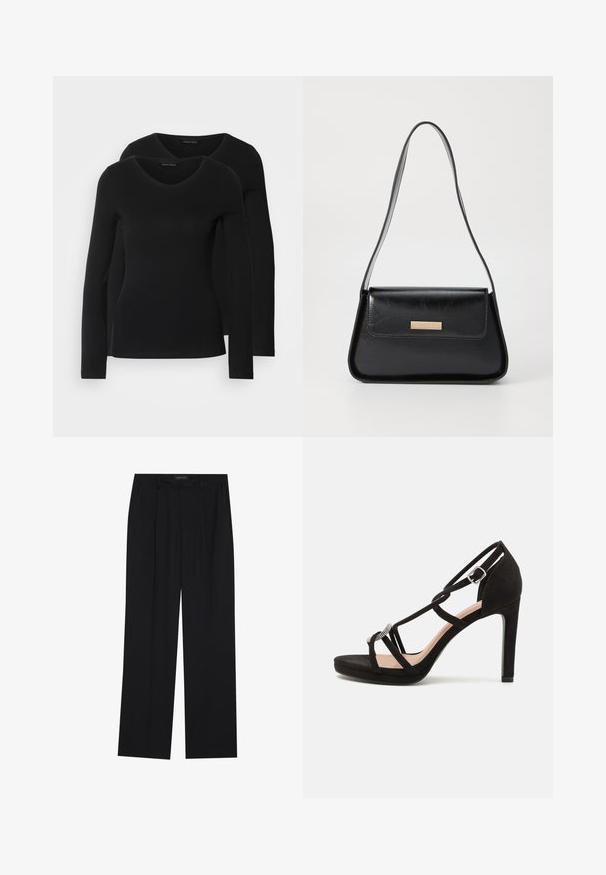 Dvě černé dlouhé rukávy trička s výstřihem do V, vyrobené z měkkého, elastického materiálu, s hladkou texturou a přiléhavým střihem.; Černé kalhoty se střihem rovného nohavice, které mají dvě přední kapsy a pas. Vyrobené z hladkého, lehkého materiálu.; Černé semišové sandály na vysokém podpatku s křížovými pásky, dekorativním stříbrným akcentem a platformou pro větší výšku.; Černá kožená kabelka se strukturovaným trojúhelníkovým tvarem, štíhlým popruhem a zlatými kovovými prvky, na přední klopě s logovými destičkami.