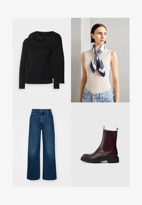 To svarte langermede skjorter med V-halsdesign, laget av mykt, elastisk stoff, viser jevn tekstur og en tettsittende fasong.; Høyt liv, vide jeans i mørk blå denim med en jevn tekstur, kontrastsøm og fem-lommers design. Frontlukkning med knapp.; Burgunderfargede skinn Chelsea-støvler med elastiske sidepaneler, teksturert svart gummisåle og trekksløyfer for enkel påkledning.; Silkesjal i marineblått og hvitt med et geometrisk sikksakkmønster. Glatt tekstur, pent bundet rundt halsen, som komplementerer en ribbestrikket topp.