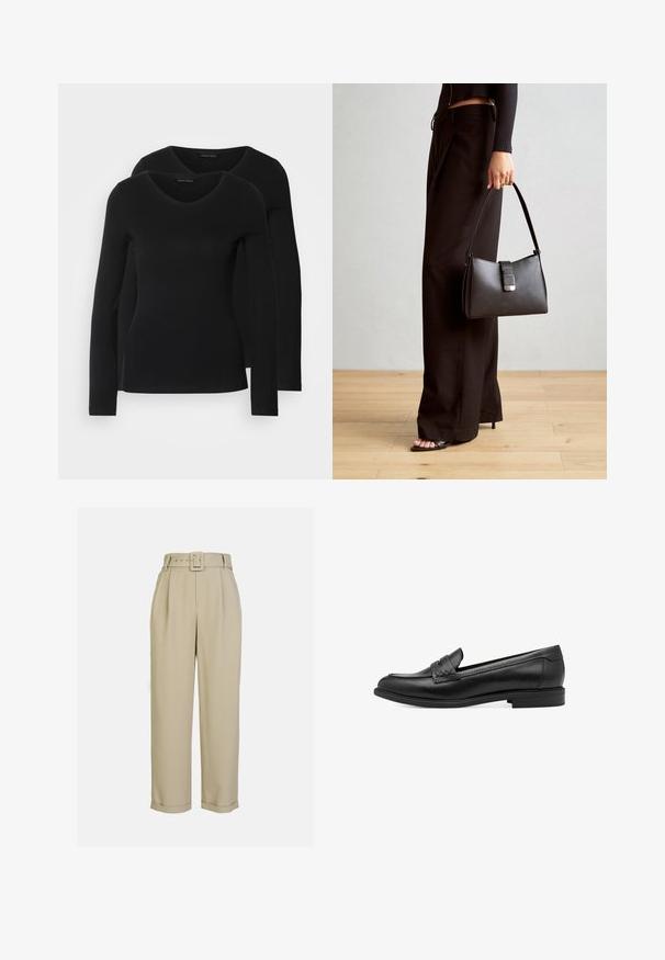 Kaks musta pika varrukaga särk, millel on V-kaelus ja mis on valmistatud pehmest ja venivast kangast, millel on sile tekstuur ja sobiv kuju.; Beežid, kõrge vöökohaga püksid laia jala disainiga, millel on voldid, sobiv vöö ristkülikukujulise pandlaga ja mansetid allääres.; Mustad nahast loafer, millel on sile tekstuur, ja ülemisel osal on paelustatud aksent ning madal ümar konts. Lihtne disain ja kuju.; Must musta kott, millel on struktureeritud kuju, sile tekstuur ja metallist klamber. Kombineeritud laiate mustade pükstega ja avatud varvaste sandaalidega puidust põrandal.