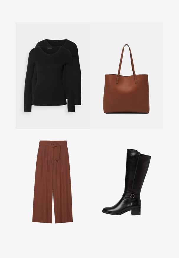 Two black long-sleeve shirts with a V-neck design, made of soft, stretchy fabric, showing smooth texture and a fitted shape.; Wide-leg trousers in brown fabric, featuring a belt with a square buckle, pleated design, and smooth texture.; Black leather knee-high boot with a rounded toe, a decorative strap with a circular buckle, and a low block heel. Smooth, shiny texture.; Brown leather tote bag with a smooth texture, open top design, and two shoulder straps. Features minimal stitching and no visible hardware.