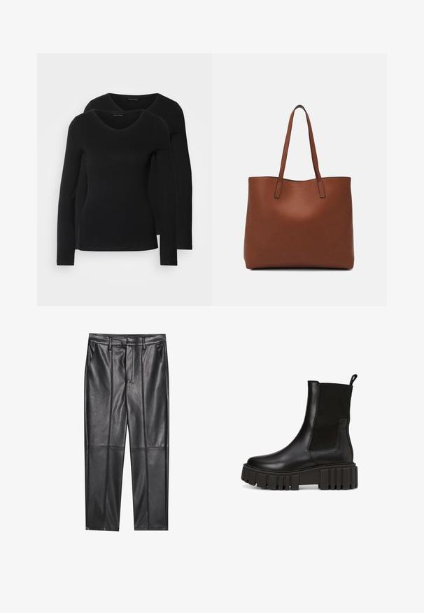 Du į juodas ilgomis rankovėmis marškiniai su V formos iškirpte, pagaminti iš minkštos, tamprios medžiagos, rodantys lygią tekstūrą ir prigludusią formą.; Juodos odinės kelnės su lygiu tekstūru, tiesaus kirpimo, dviem priekinėmis kišenėmis ir matomomis siūlėmis.; Juodos odinės aulinės botai su storu platformos padu ir elastinėmis šoninėmis juostomis, kad būtų lengva apsiauti. Subtilus prekės ženklas šone.; Ruda odinė priekabų krepšys su glotnia tekstūra, atviru viršumi ir dviem petnešomis. Su minimalia siuvimo detalėmis ir nematoma aparatūra.