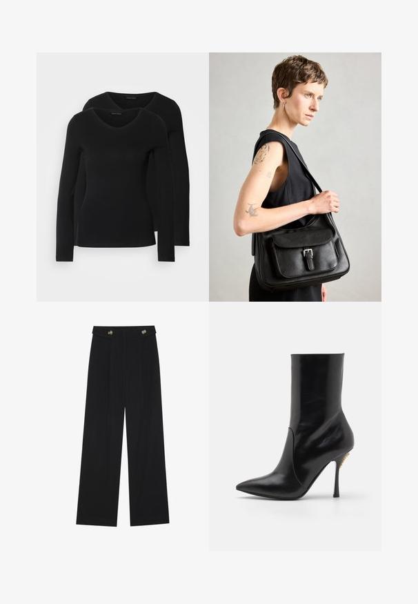 Dvě černé dlouhé rukávy trička s výstřihem do V, vyrobené z měkkého, elastického materiálu, s hladkou texturou a přiléhavým střihem.; Černé široké kalhoty s vysokým pasem, detailní knoflíky na pase a přední záhyby.; Černá kožená kotníková bota s špičatou špičkou, hladkým povrchem a vysokým stiletto podpatkem. Má rozparek v přední části a zlaté kovové detaily.; Černá kožená kabelka na rameno s předním klopovým víkem, detaily s přezkou a hladkým povrchem. Obsahuje jedno ramenní ucho a minimalistický design.