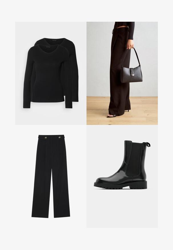 To svarte langermede skjorter med V-halsdesign, laget av mykt, elastisk stoff, viser jevn tekstur og en tettsittende fasong.; Svart vide bukser med høy midje, knappdetaljer på midjebåndet og frontplisser.; Sorte ankelstøvler laget av glinsende materiale med elastiske sidepaneler, en trekkflik og en tykk, robust såle med spor.; Svart håndveske med strukturert form, jevn tekstur og metallisk lås. Kombinert med brede svarte bukser og sandaler med åpen tå på tregulv.