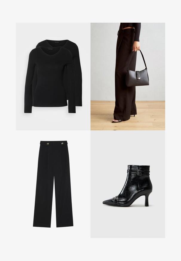 To svarte langermede skjorter med V-halsdesign, laget av mykt, elastisk stoff, viser jevn tekstur og en tettsittende fasong.; Svart vide bukser med høy midje, knappdetaljer på midjebåndet og frontplisser.; Tamaris Kilestøvletter - black; Svart håndveske med strukturert form, jevn tekstur og metallisk lås. Kombinert med brede svarte bukser og sandaler med åpen tå på tregulv.