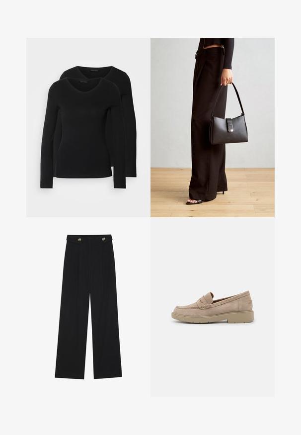 Dvě černé dlouhé rukávy trička s výstřihem do V, vyrobené z měkkého, elastického materiálu, s hladkou texturou a přiléhavým střihem.; Černé široké kalhoty s vysokým pasem, detailní knoflíky na pase a přední záhyby.; Béžové semišové mokasíny s kulatou špičkou, dekorativním prošíváním a nízkou, mohutnou gumovou podrážkou pro pohodlí a stabilitu.; Černá kabelka se strukturovaným tvarem, hladkým povrchem a kovovým uzávěrem. Kombinována s širokými černými kalhotami a sandály s otevřenou špičkou na dřevěné podlaze.