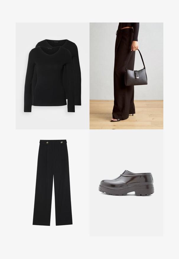 Two black long-sleeve shirts with a V-neck design, made of soft, stretchy fabric, showing smooth texture and a fitted shape.; Black wide-leg trousers with high waist, button details on waistband, and front pleats.; Brown glossy clogs with a rounded toe, raised seam detailing, and a thick textured sole for enhanced grip and support.; Black handbag with structured shape, smooth texture, and a metallic clasp. Paired with wide black pants and open-toe sandals on wooden floor.