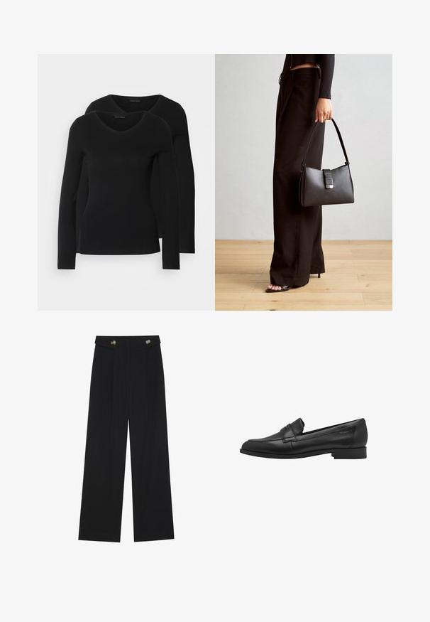 Dva crna majice dugih rukava s V-izrezom, izrađene od mekanog, rastezljivog materijala, s glatkom teksturom i prilagođenim oblikom.; Crne hlače širokih nogavica s visokim strukom, s dugmadi na pojasu i prednjim nabora.; Crne kožne mokasine s glatkom teksturom, zaobljenim vrhom i malim povišenim remenom. Imaju niski, čvrsti potplat.; Crna torba s oblikom koji sadrži strukturu, glađu teksturu i metalnu kopču. Uparena s širokim crnim hlačama i sandalama na otvorenom s drvenog poda.