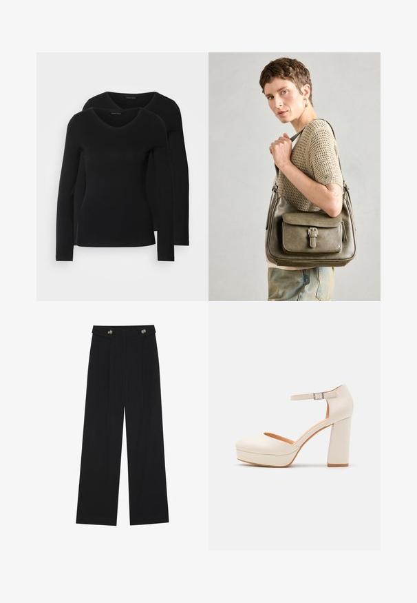 Två svarta långärmade tröjor med V-ringning, tillverkade av mjukt, stretchy tyg, som visar en slät textur och en figursydd form.; Svarta vida byxor med hög midja, knäppdetaljer i midjan och framfickor.; Krämfärgade platåklackar med rund tå och justerbart vristband. Har en kraftig blockklack med en lätt träfinish.; Olivgrön läderhandväska med framflik, justerbar rem och detaljer i silver, uppvisad på en modell som bär en stickad topp.
