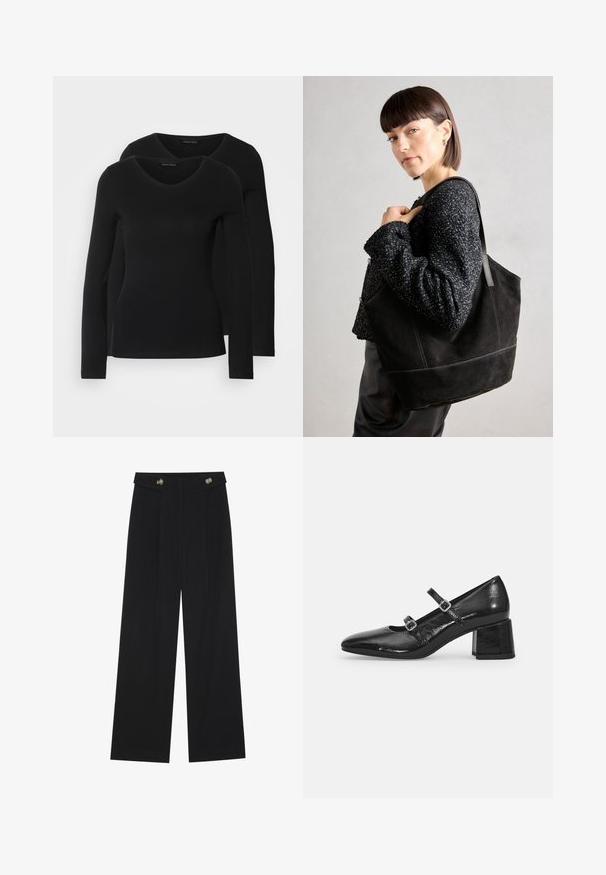 Két fekete, hosszú ujjú póló V nyakkal, puha, rugalmas anyagból, sima textúrával és testhezálló fazonnal.; Fekete, bő szárú nadrág magas derékkal, gombos részletekkel a derékrészen és elülső pliszékkal.; Fekete lakkbőr Mary Jane cipők, hegyes orral, két állítható pánttal és vastag blokk sarkúval. Sima textúrájú és fényes felületűek.; Fekete, velúr anyagú tote táska sima felülettel, strukturált formával és kontrasztos varrással. Hosszú pántjai lehetővé teszik a vállon való hordást.