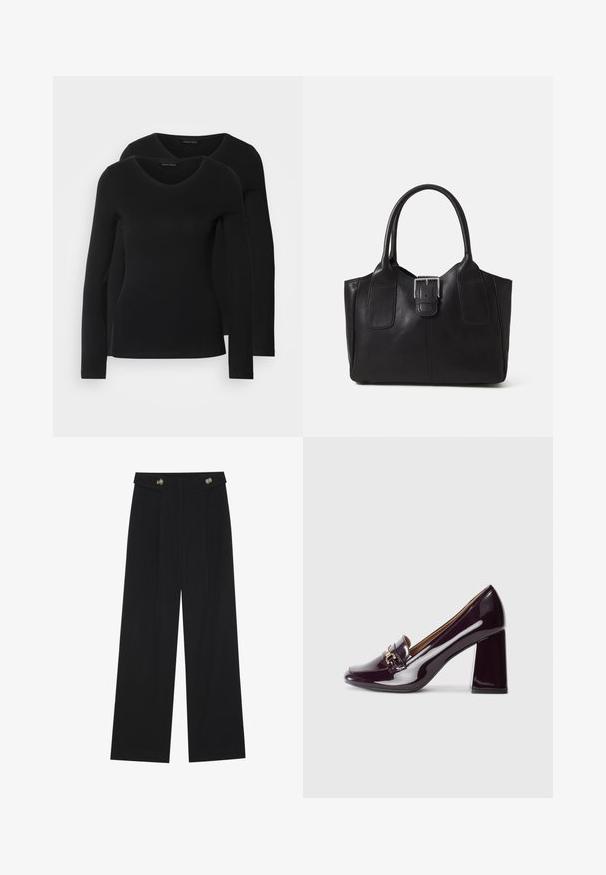 Divi melni krekli ar garām piedurknēm un V-veida kakla izgriezumu, izgatavoti no mīksta, elastīga auduma, ar gludu tekstūru un pieguļošu formas.; Melnas platās bikses ar augstu jostasvietu, pogu detaļām uz jostas un priekšējām krokām.; Augsti papēži loaferi spīdīgā tumši purpura lakotā ādā, ar noapaļotu purngalu un zelta tonī izgatavotu sprādzi augšējā daļā.; Melnas ādas somiņa ar gludu tekstūru, strukturētu formu, divām rokturām un izteiktu sudraba sprādzi priekšpusē.