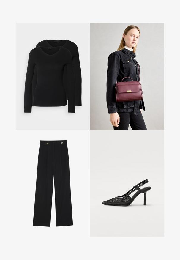 Dve črne majice z dolgimi rokavi in V-izrezom, narejene iz mehkega in raztegljivega materiala, ki prikazuje gladko teksturo in prilegnjeno obliko.; Črne široke hlače s visokim pasom, gumbnimi detajli na pasu in sprednjimi gubami.; Črne slingback pete z ostrim nosom, mrežnim materialom in tankim trakcem okrog gležnja. Imajo tanek stiletto peto in izrezljan dizajn.; Burgundska usnjena torbica z zlatim zaponko, strukturirana oblika, zgornji ročaj in nastavljiv ramenski trak. Model nosi jeans jakno.