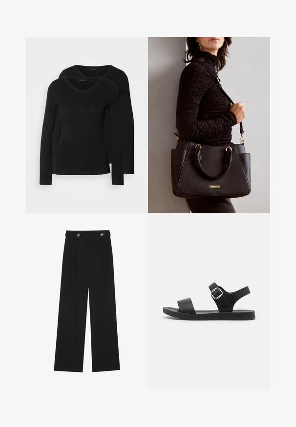 Two black long-sleeve shirts with a V-neck design, made of soft, stretchy fabric, showing smooth texture and a fitted shape.; Black wide-leg trousers with high waist, button details on waistband, and front pleats.; Black sandal featuring a flat sole, adjustable buckle, two wide straps, and smooth texture, designed for comfort and ease of wear.; Black handbag with textured surface, dual top handles, and adjustable shoulder strap. Features gold-tone hardware and side pockets.
