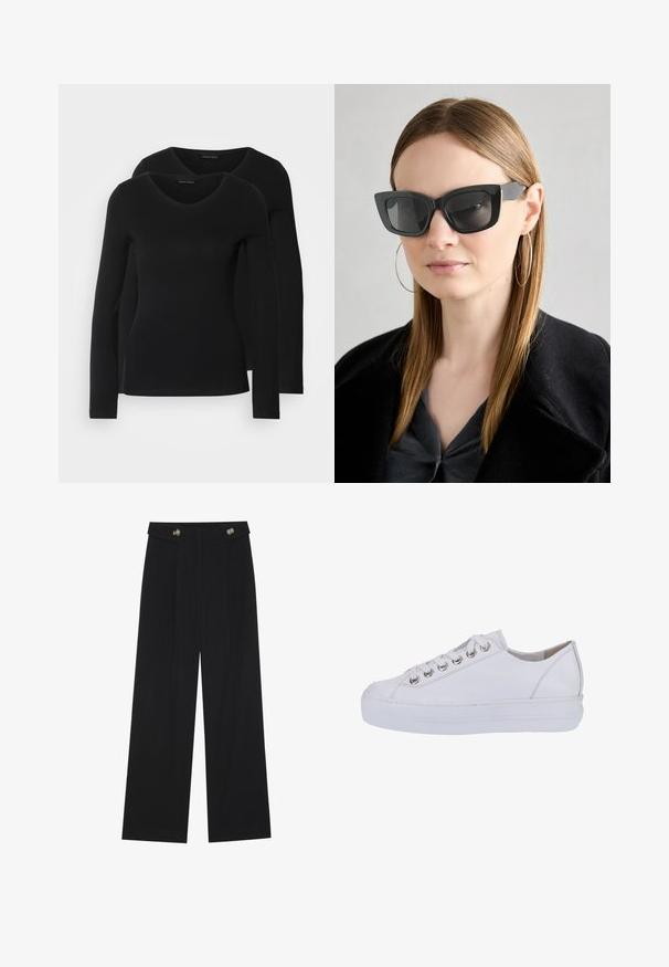 To svarte langermede skjorter med V-halsdesign, laget av mykt, elastisk stoff, viser jevn tekstur og en tettsittende fasong.; Svart vide bukser med høy midje, knappdetaljer på midjebåndet og frontplisser.; Hvite lær sneakers med en glatt tekstur, rund tå og hevet hvit såle. Har sølvøyler og flate lisser.; Sorte katteøyne solbriller med mørke linser, tykke rammer og subtile detaljer. Båret med en svart frakk og grå topp, med langt, rett hår.