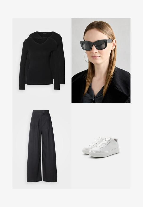 Two black long-sleeve shirts with a V-neck design, made of soft, stretchy fabric, showing smooth texture and a fitted shape.; Dark, wide-leg trousers with a structured waistband and pleats. Made of lightweight fabric, featuring a smooth texture and no visible patterns.; White low-top sneakers with a smooth canvas upper, round toe, and thick rubber sole. Features lace-up front and minimalistic design.; Black cat-eye sunglasses with dark lenses, thick frames, and subtle accents. Worn with a black coat and gray top, featuring long straight hair.
