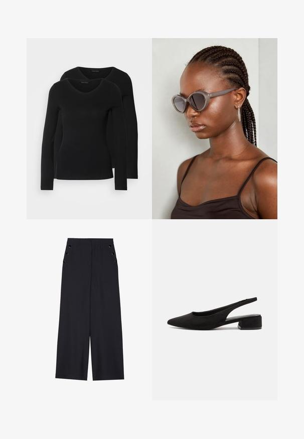 Kaks musta pika varrukaga särk, millel on V-kaelus ja mis on valmistatud pehmest ja venivast kangast, millel on sile tekstuur ja sobiv kuju.; Laiad püksid tumesinises kangas, millel on sile tekstuur, ees pleedid ja dekoratiivsed kuldset värvi järgipuuaugud küljetaskutel.; Call it Spring BECKYY B.E.D FOAM - Klassikalised kontsakingad - black; Hallid ova päikeseprillid ümmarguse kujuga ja tumedate läätsega. Sujuva viimistlusega läikiv plastraam. Mudelil on põimitud juuksed.