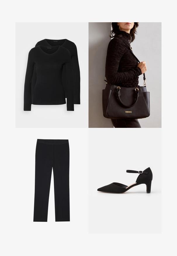 Two black long-sleeve shirts with a V-neck design, made of soft, stretchy fabric, showing smooth texture and a fitted shape.; Black trousers with a straight leg design, featuring side pockets and a smooth fabric texture. Minimal detailing, clean waistband.; Black suede pump with a pointed toe, ankle strap featuring a circular buckle, and a low block heel. Smooth texture and minimalist design.; Black handbag with textured surface, dual top handles, and adjustable shoulder strap. Features gold-tone hardware and side pockets.
