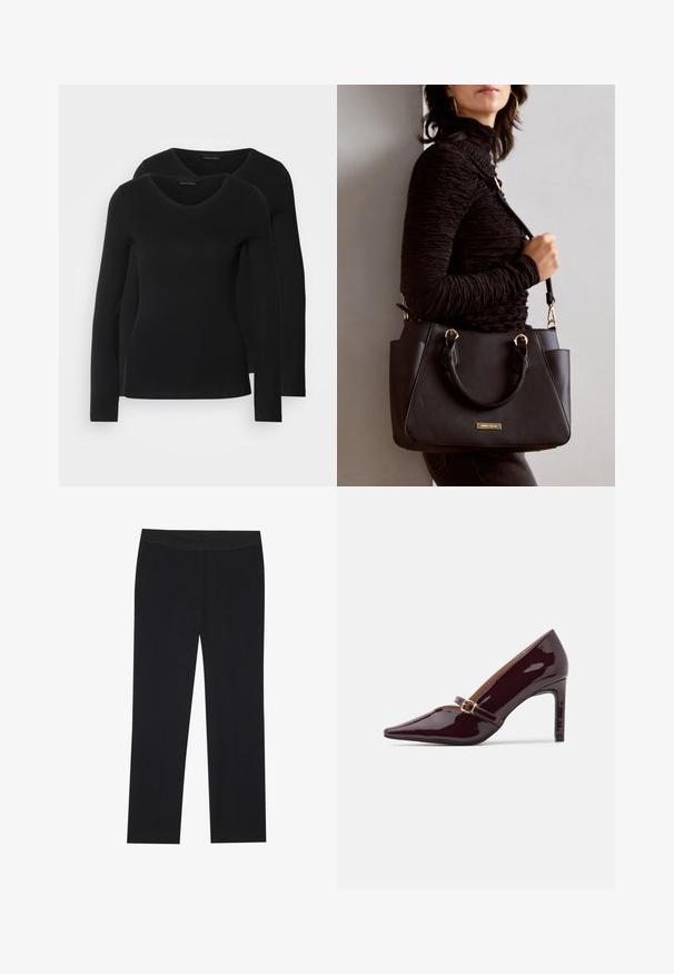 Dos camisetas negras de manga larga con diseño de escote en V, confeccionadas en una tela suave y elástica, que muestran una textura lisa y una forma ajustada.; Pantalones negros con un diseño de pierna recta, que cuentan con bolsillos laterales y una textura de tela suave. Detalles mínimos y cinturilla limpia.; Zapato de tacón alto burdeos con punta afilada, tira de tobillo con detalles en oro y un acabado liso y pulido. Tacón de aguja elevado.; Bolso negro con superficie texturizada, doble asa superior y correa para hombro ajustable. Presenta herrajes en tono dorado y bolsillos laterales.