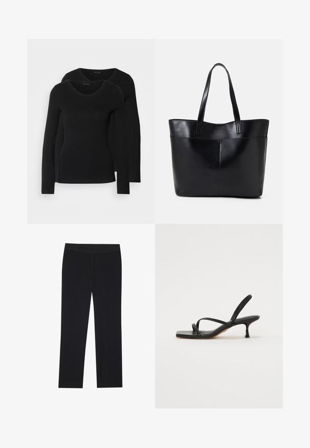Kaks musta pika varrukaga särk, millel on V-kaelus ja mis on valmistatud pehmest ja venivast kangast, millel on sile tekstuur ja sobiv kuju.; Mustad püksid otse lõikega, küljetaskud ja sile kangatekstuur. Minimalistlik detailide valik, puhas vöökoht.; Must mustrihmwaan sandaal, millel on ruudukujuline varvas, peened rihmad ja lühike plokk-kand. Sile nahapind ja minimalistlik disain.; Must mustaga musta nahast, millel on kaks pikka kanda, sile tekstuur ja struktureeritud kuju. Esipoolsel on lisakoti jaoks tasku.