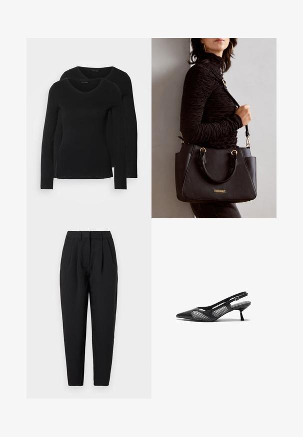To svarte langermede skjorter med V-halsdesign, laget av mykt, elastisk stoff, viser jevn tekstur og en tettsittende fasong.; Sorte bukser med rett passform, med legg foran, en jevn tekstur og sidelommer. Livet er av standard høyde.; Svarte slingback hæler med spiss tå, mesh-detaljer på sidene, kontrasterende glatt stoff, og en slank, middels høy stilett-hæl.; Svart håndveske med teksturert overflate, doble topphåndtak og justerbar skulderrem. Har detaljer i gulltone og sidelommer.