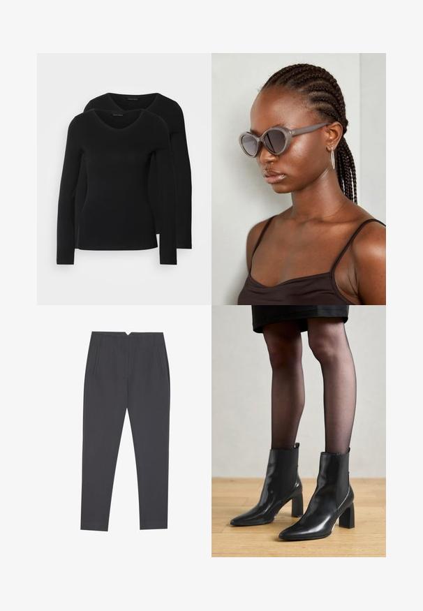 Dve črne majice z dolgimi rokavi in V-izrezom, narejene iz mehkega in raztegljivega materiala, ki prikazuje gladko teksturo in prilegnjeno obliko.; Temno sivi zoženi hlače z stranskimi žepi in sprednjimi pregibi, zasnovane za prilegajoč kroj.; Črne usnjene gležnjarje s koničastim nosom, masivnim kvadratnim petam in sleek oblikovanjem. Imajo elastične stranske panele za enostavno obuvanje.; Sive velike sončne očala z zaobljeno obliko in temnimi lečami. Elegantno plastično ogrodje z gladko površino. Model ima spletene lase.