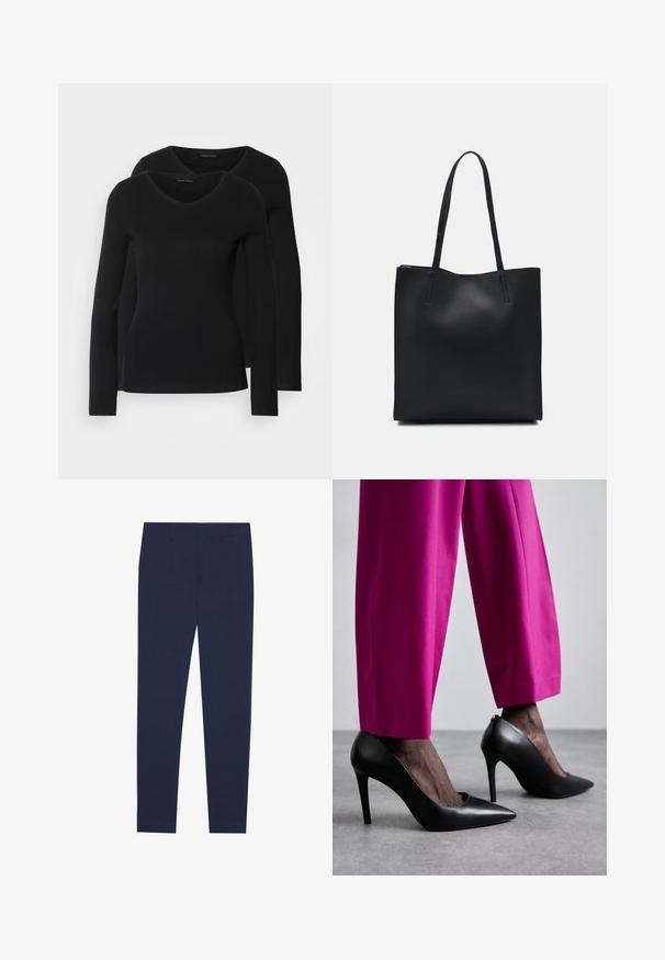 To sorte langærmede t-shirts med V-hals-design, lavet af blødt, strækbart stof, som viser en glat tekstur og en tætsiddende pasform.; Mørkeblå bukser lavet af glat stof, med en lige ben design og flad front. Ingen synlige mønstre eller accenter.; Sorte højhælede sko med spids tå-design og glat læderstruktur. Kombineret med lyserøde, skræddersyede bukser.; Sort læder tote taske med glat tekstur, rektangulær form og to lange hanke. Ingen synlig hardware eller udsmykninger.