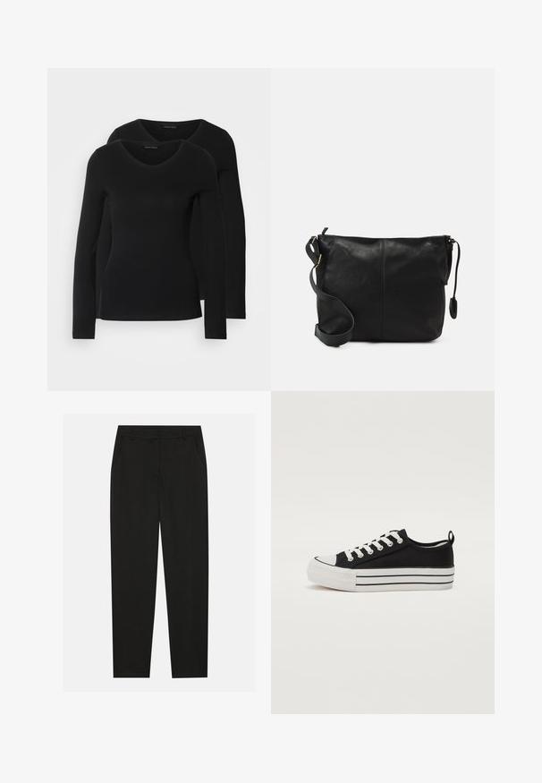 Dve črne majice z dolgimi rokavi in V-izrezom, narejene iz mehkega in raztegljivega materiala, ki prikazuje gladko teksturo in prilegnjeno obliko.; Črne hlače z oblikovanim krojem, ki imajo stranske žepke in ravno nogavico. Narejene so iz gladkega, lahkotnega materiala z elegantnim zaključkom.; Črne platnene superge z zaobljenim prstom, belim gumijastim podplatom in tremi belimi vodoravnimi črtami. Imajo bele vezalke in zanko na peti.; Črna usnjena torbica čez telo s ravno obliko, z zlatimi kovinskimi dodatki in nastavljivim trakom. Gladka tekstura z minimalnimi šivi.