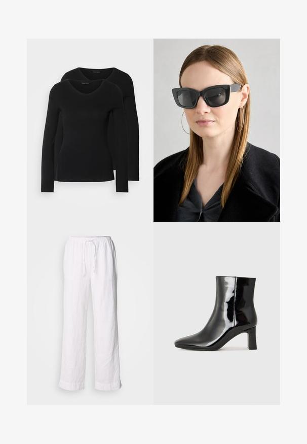 Twee zwarte longsleeve shirts met een V-hals ontwerp, gemaakt van zachte, rekbare stof, die een gladde textuur en een getailleerde vorm laten zien.; Witte linnen broeken met een losse pasvorm, elastische tailleband en trekkoord. Heeft rechte pijpen en opgerolde zoom voor een casual uitstraling.; Zwarte gepolijste leren enkellaars met een spitse neus en een blokhak van gemiddelde hoogte. Glad textuur en minimalistisch ontwerp.; Zwarte cat-eye zonnebril met donkere lenzen, dikke monturen en subtiele accenten. Draagt een zwarte jas en een grijze top, met lang stijl haar.